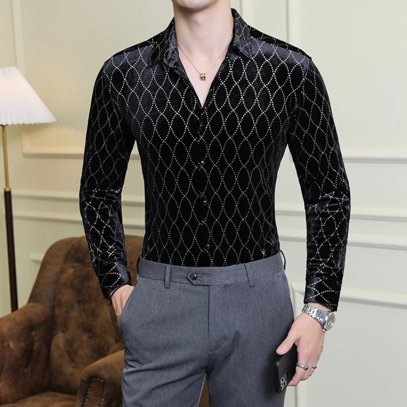 

Luxury Shiny Plaid Velvet Men's Shirts Social Shirts Autumn Winter Casual Dress Shirts Long Sleeve Party Tuxedo Men Clothing