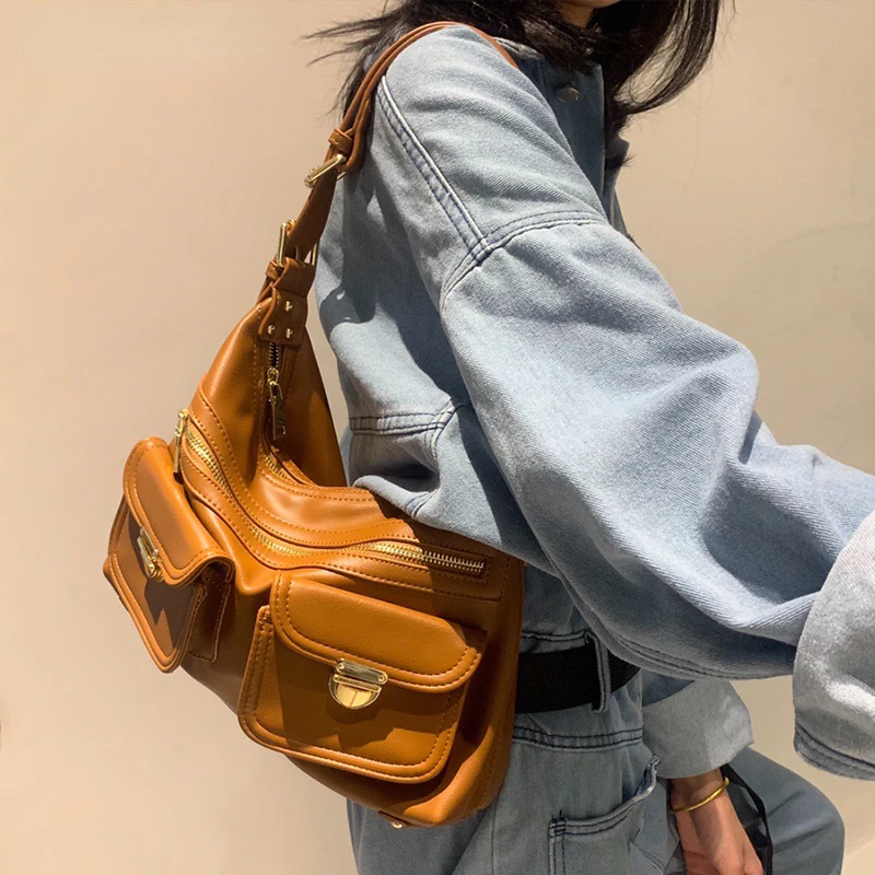 

Large Soft Casual Women Bags Functional Girl School Underarm Handbag PU Leather Bag Ladies Multi Pockets Messenger Shoulder Bag