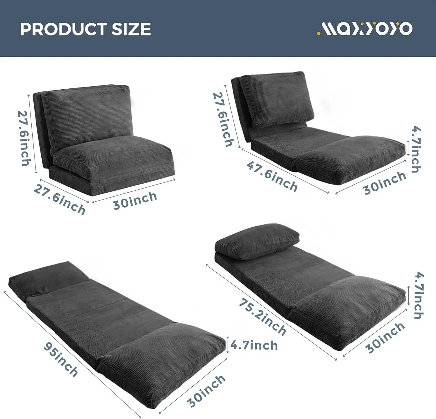 Bean Bag Bed Folding Sofa Bed Floor Mattress for Adults, Extra Thick and Long Floor Sofa with Corded Washable Cover, Dark Grey 2