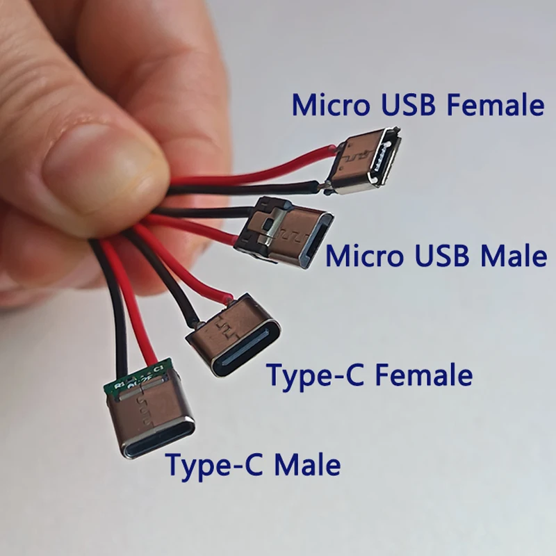 2/5/10/20개 2핀 타입-C/마이크로 USB 남성 여성 커넥터(6cm 사전 납땜 와이어 포함) DIY 프로젝트 수리용 5V 충전 잭