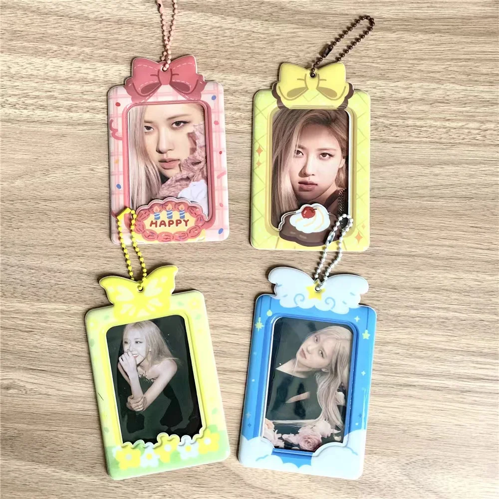 3Inch Cute bowknot Photocards Holder With Chain Protector Kpop Idol Photo Card Sleeves Keychain With chain Pendant Stationery 3 inch cartoon cute animal photo card holder photocards protector pendant fashion mini photo album idol photo sleeves keyring