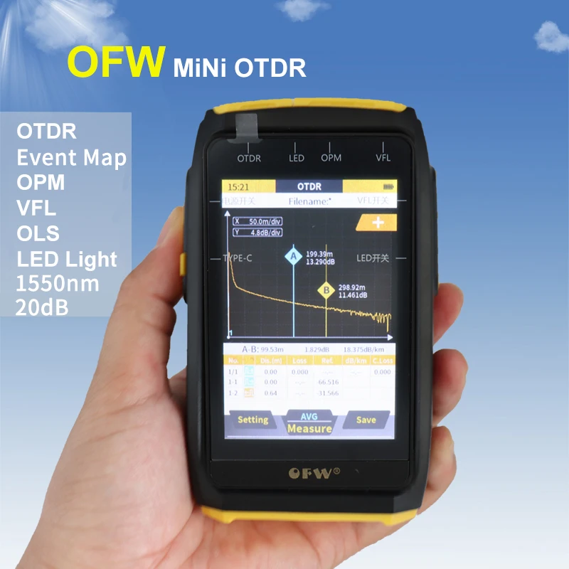 Mini OTDR Fiber Optic Reflectometer, Touch Screen Tester, OPM VFL OLS for 80km Fiber Ethernet Tester, 1550nm 20dB aua 565u a otdr 1650nm 80km 22db fiber optic reflectometer touch screen vfl ols opm event map ethernet cable tester