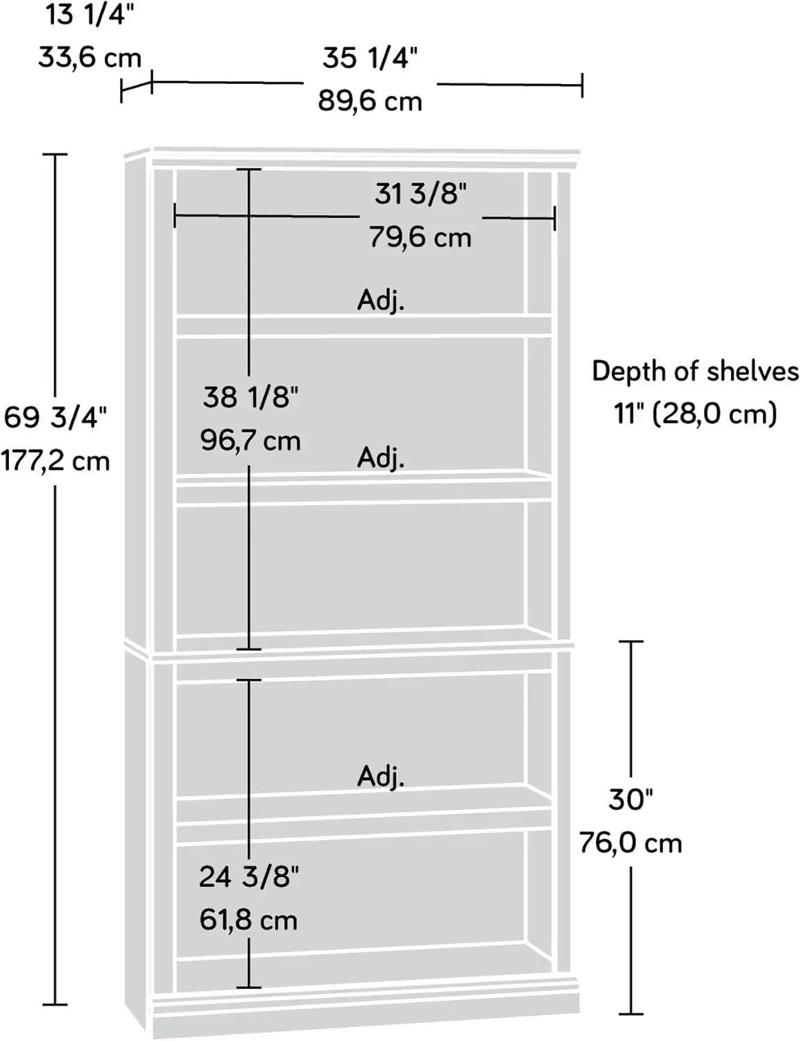 5-shelf bookcase shelf detail