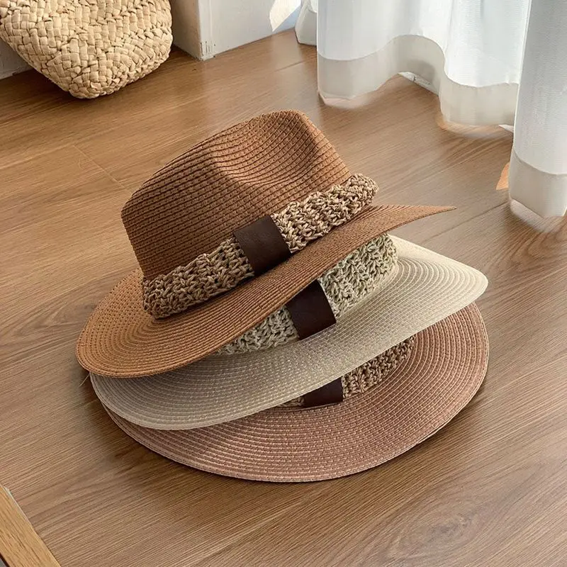 Beach Hat ﻿Summer Natural Wheat Straw Big Brim Flat Top Visor Sunshade Hats