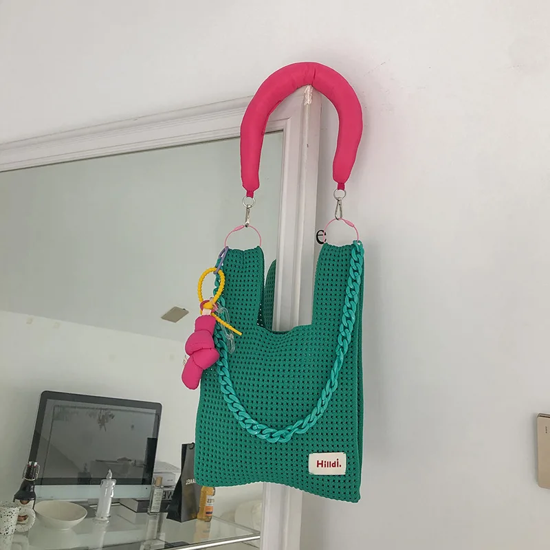 New Beach Handbag for Girls Summer Rope Hollow Out Hand Woven Shoulder Crossbody Totes Bag Women Hollow Knitting Handbag