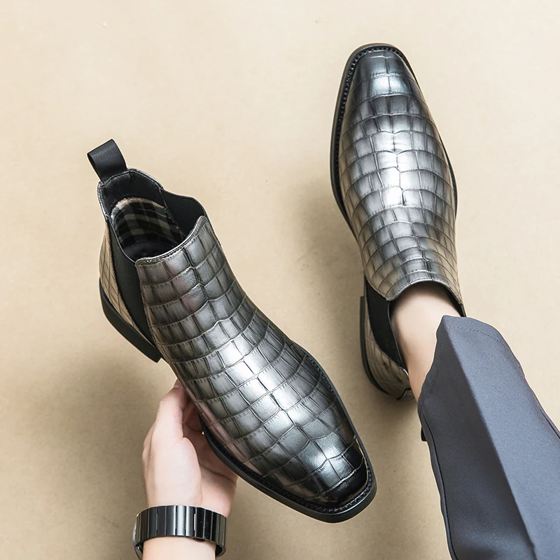 

New Casual Leather Elegant Chelsea Boots for Men Sole Pointed Toe Slip-On Business Wedding Party Slip-on Rubber Sole Ankle Boots