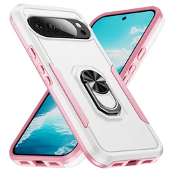 Ultimate Military-Grade Magnetic Ring Stand Case - Heavy-Duty Rugged Shockproof Matte Hybrid Defender Cover for Pixel 6 Pro (White Pink)