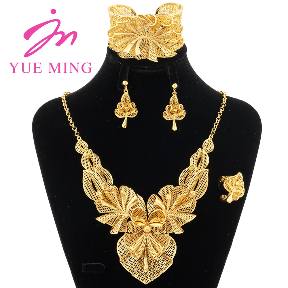 YM-Dubai Conjunto de Jóias Banhado a Ouro para Mulheres, Forma de Flor Original, Brincos, Anéis, Pulseiras, Presentes de Casamento