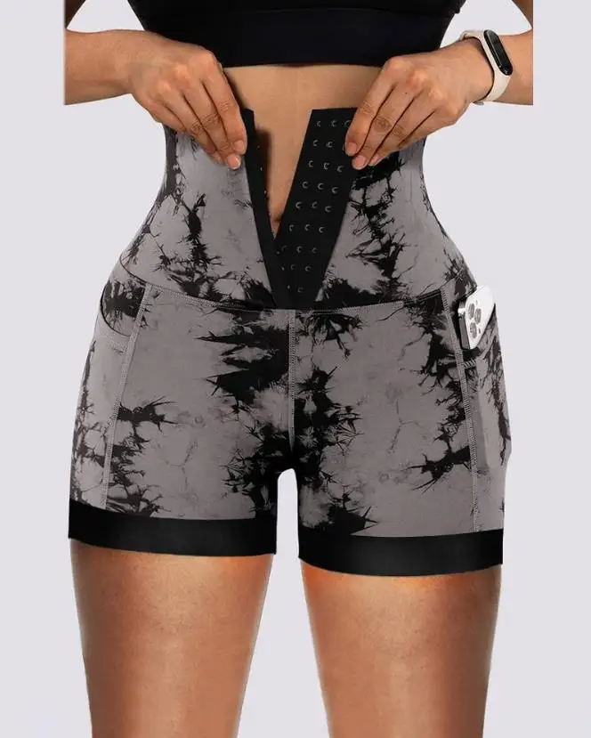 Tie Dye Print Shorts for Woman 2023 New Tummy Control Butt Lifting Pocket Design Active Shorts Fashion Casual Yoga Leggings women s shorts 2023 summer fashion tie dye print tummy control butt lifting pocket design casual skinny above knee active shorts