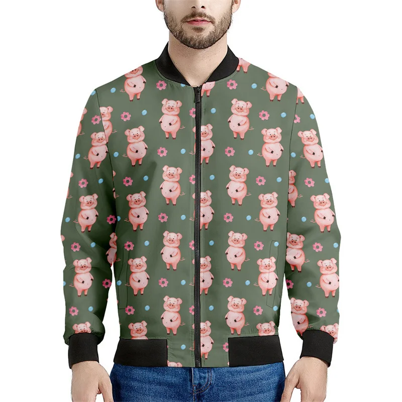 thumbnail image 1 of Chaqueta bomber con estampado de dibujos animados de cerdo para hombre, sudadera de manga larga en 3D, chaqueta bomber de calle de gran tamaño con cremallera, abrigo, ropa, 1 of 4