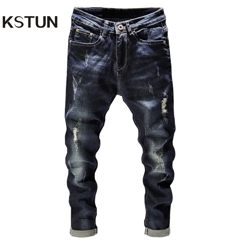 Pantalones hombre, Jeans deshilachados de color azul oscuro, elásticos, ajustados, estilo Punk, Hip Hop, rotos con agujeros rotos - AliExpress de hombre