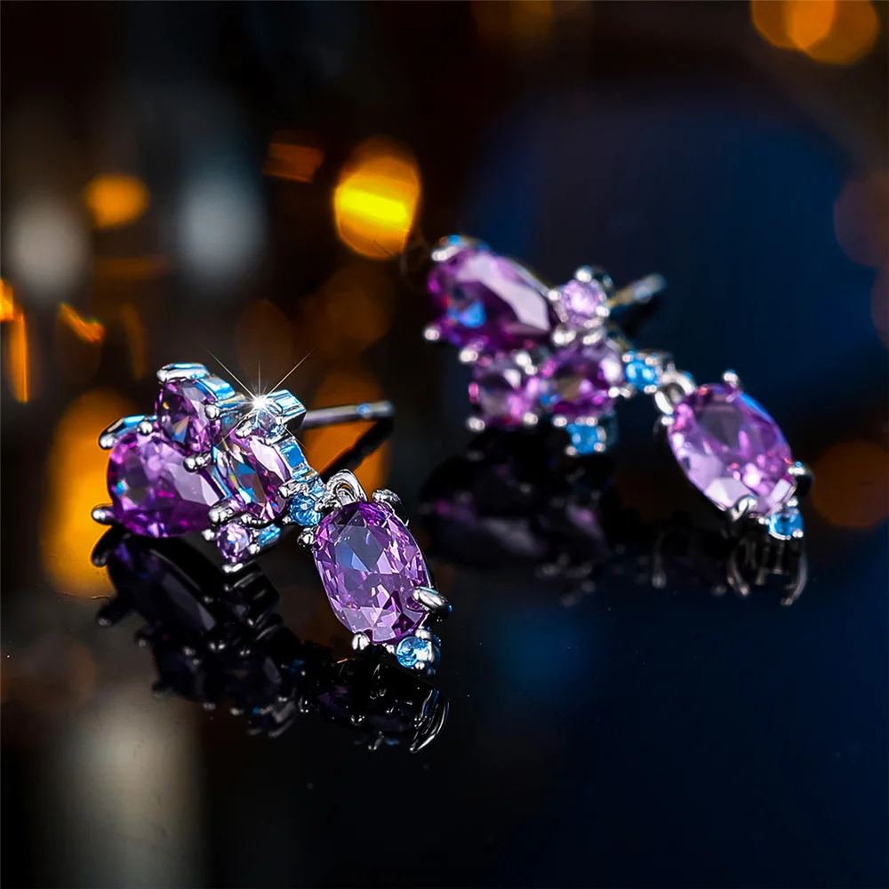 Luxury Female Purple Oval Zircon Stone Wedding Jewelry Vintage Silver Color Stud Earrings For Women