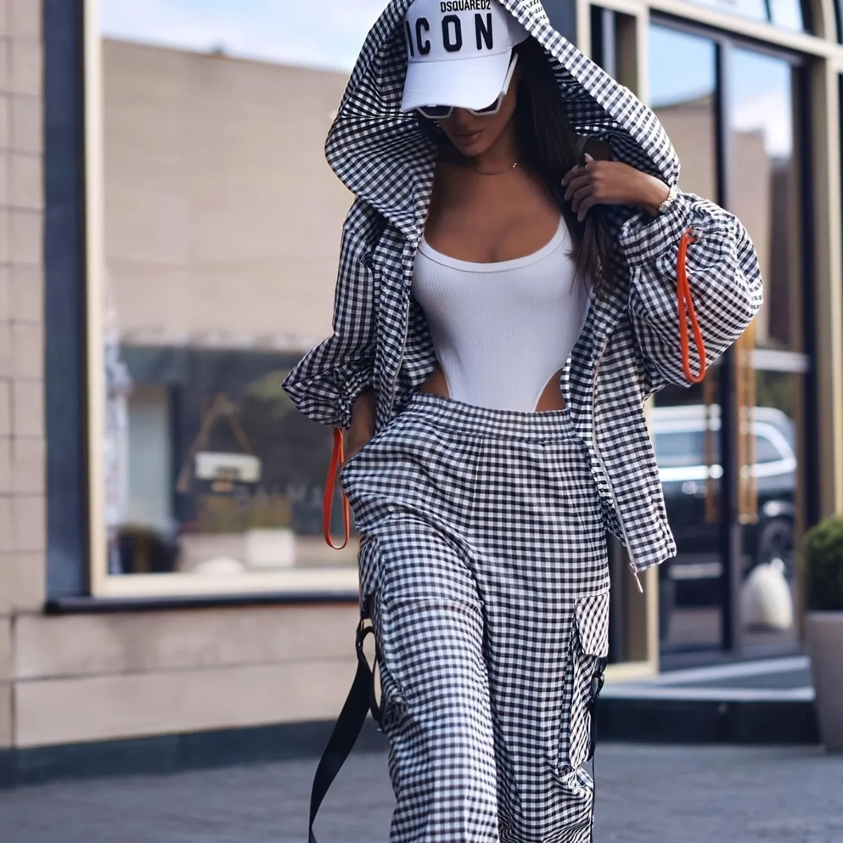 Spring Autumn Casual Plaid Print Women's Set Fashion Pocket Loose Hoodie Long-sleeved Jacket + Trousers 2-piece Suit Street 2