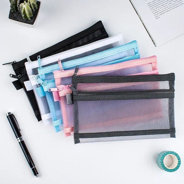 55148-ea3694.jpg Double Layers Mesh Cosmetic Bag High Capacity Zipper Toiletry Kits Nets Stationery Pencil Bag Nylon Scrapbook Bills Organizer