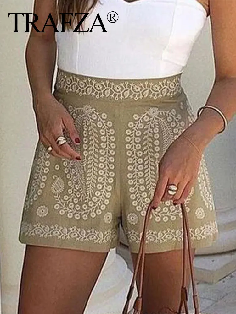 

TRAFZA Women Elegant New Clothing Linen Blended High Waist Invisible Side Zip Fastening Slim Pant Woman Embroidered Shorts Pants