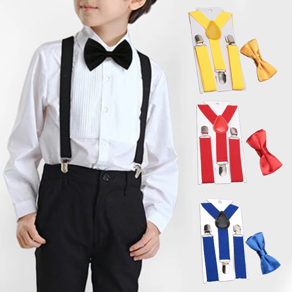 

Kids Suspenders Adjustable Bow Tie Set Boy Girl Retro Suspenders Children Baby Braces Clip-on Trousers Wedding Ties Accessories