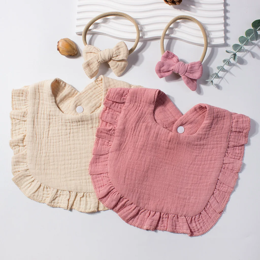 Cotton Baby Headband and Drool Towel Set with Soft Bow in Pastel Colors