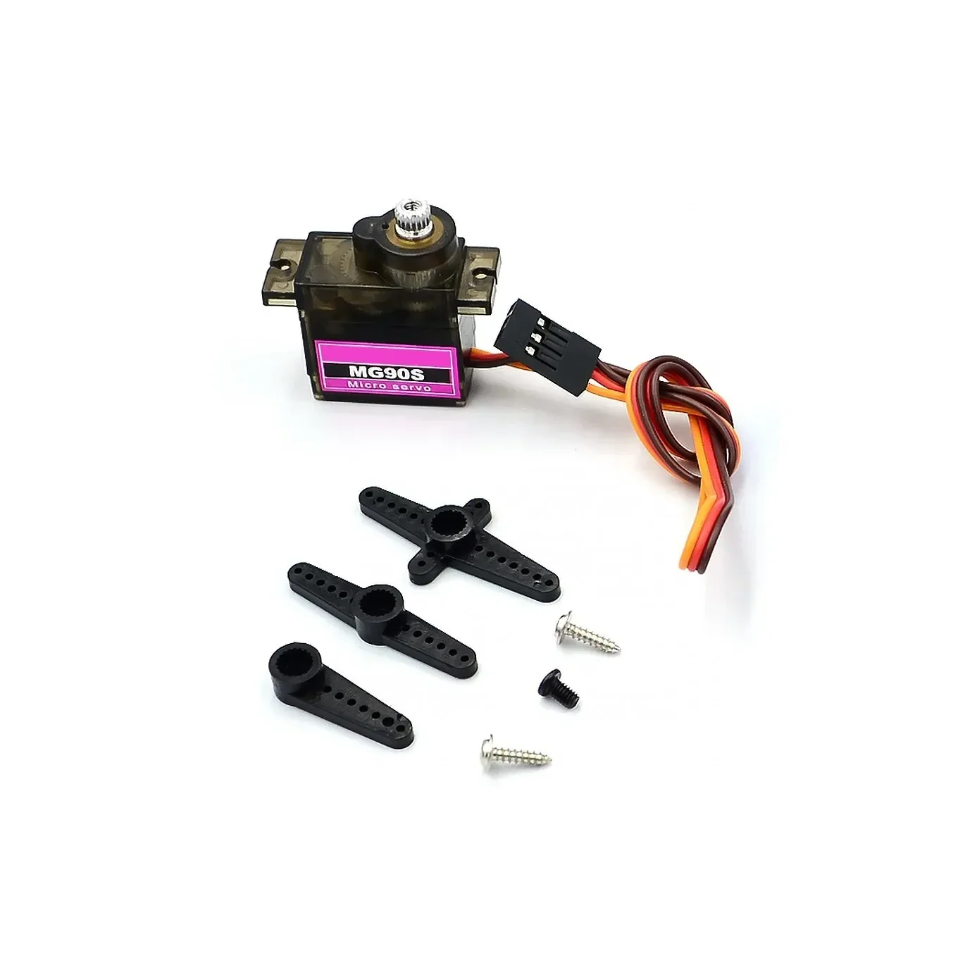 Vue latérale du micro servomoteur MG90S avec connecteur à trois broches, parfait pour applications RC.
