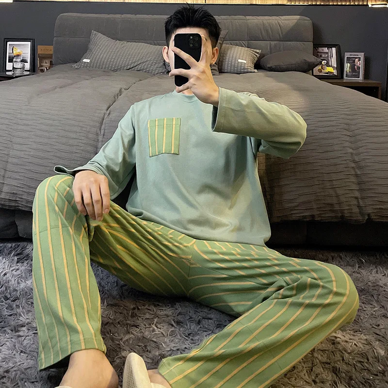 Stripe Pant Men's Sleepwear Cotton Spring Autumn Nightwear 2 Piece Set Homewear Youth Boy Pyjamas pijama hombre Freeship 100% cotton pijama for men turn down collar spring autumn lounge sleepwear pyjamas 2 piece set home clothes male homewear