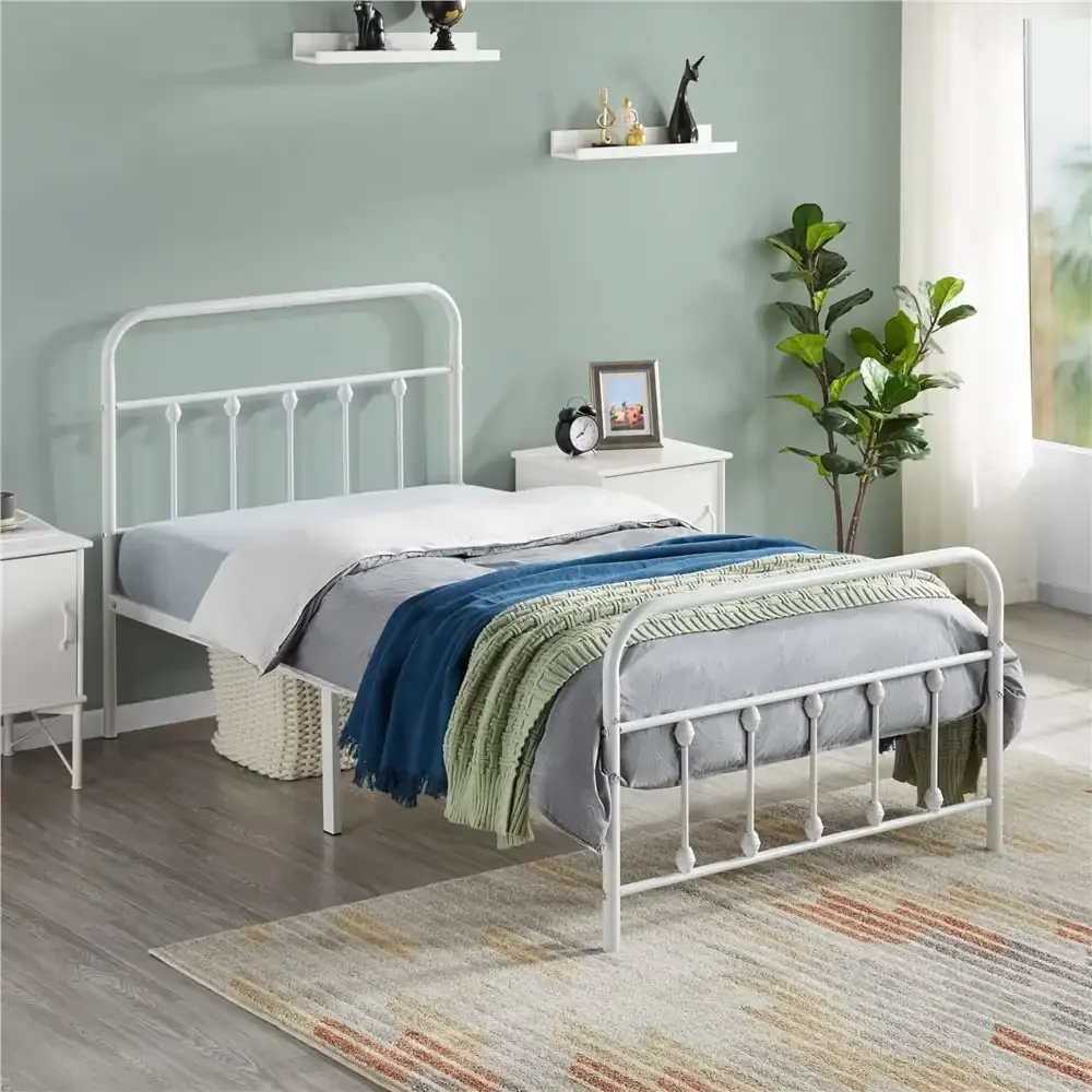 

Alden Design Metal Platform Twin Bed with High Headboard, White