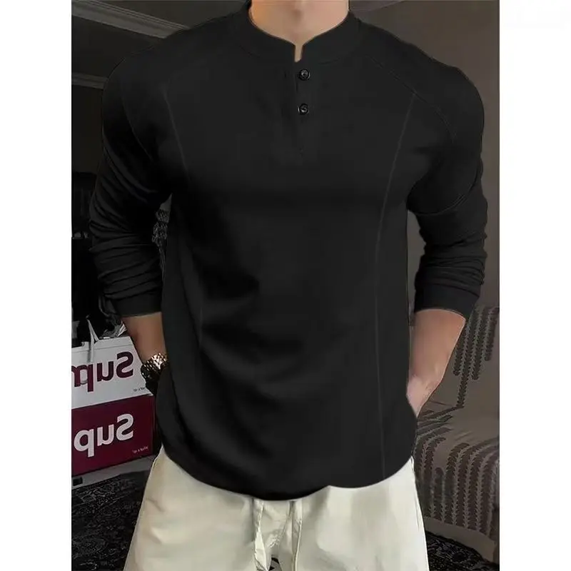 Camicia POLO Henry Collar T-shirt a maniche lunghe T-shirt autunnali da uomo Camicia con fondo impiombato Primavera Autunno Top Felpa - immagine 2