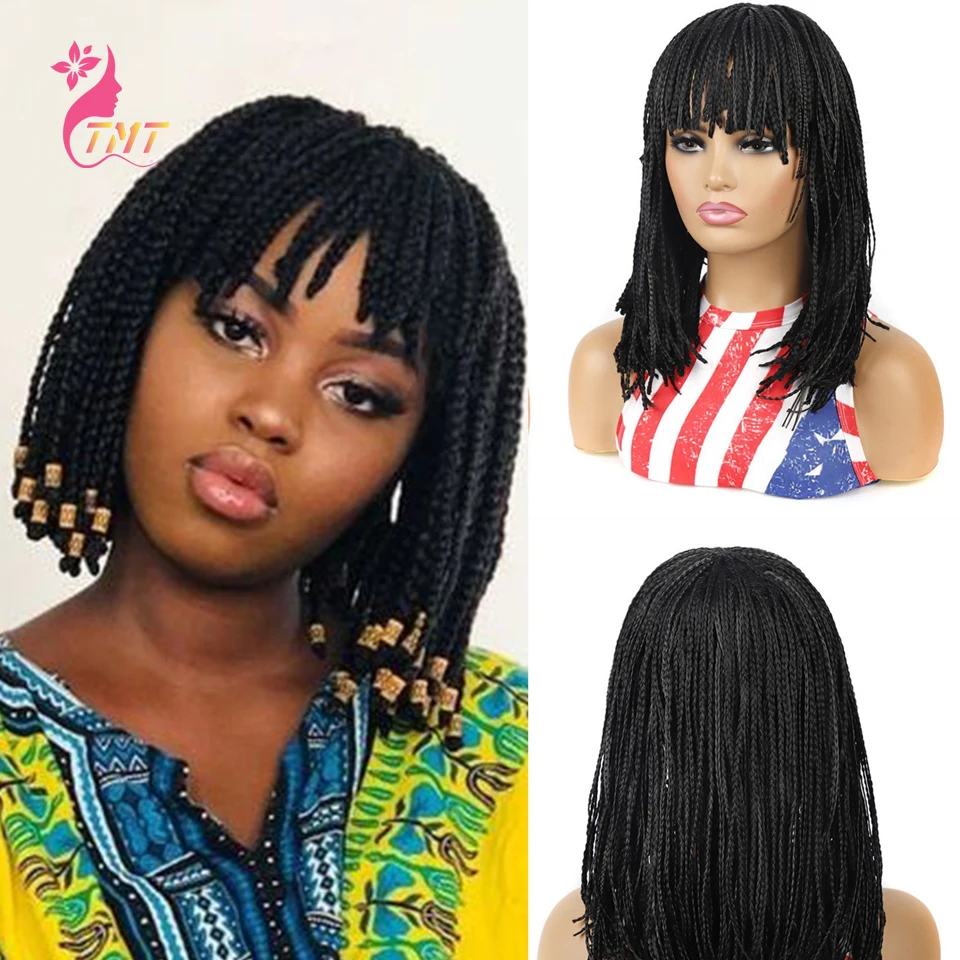 Short Fringe Bob Box Braid Wig for Black Women Braided Wigs Synthetic Wigs Neat Bangs Heat Resistant Ombre Natural Cosplay Wig synthetic hair wigs