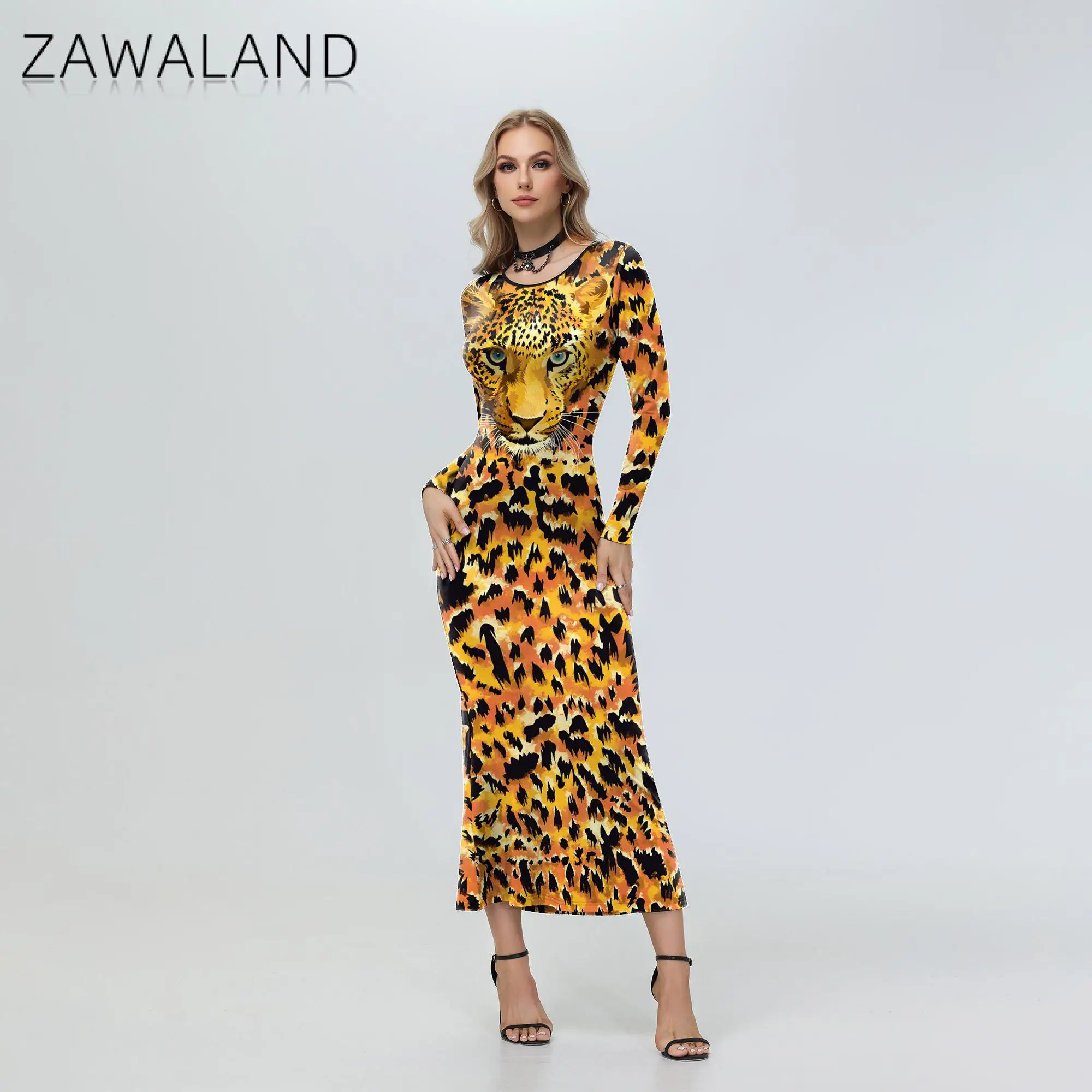 

Zawaland Tiger Animal Cosplay Costume Women Halloween Tiger Print Long Dress Adult Sexy Dress Girl Funny Costume Party Clothing