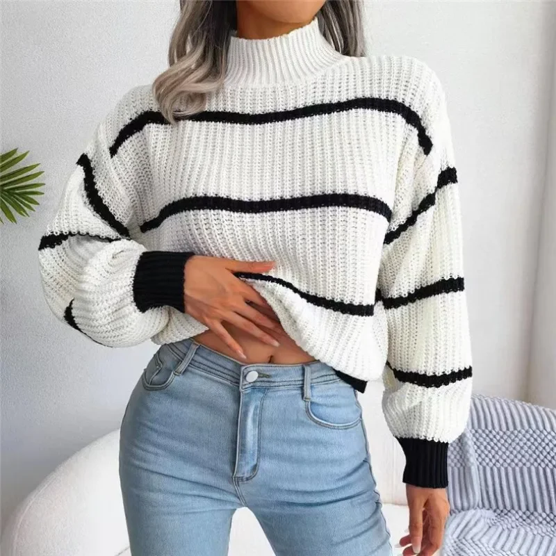 New Autumn and Winter Women's Semi-turtleneck Knitted Long-sleeved Sweater Fashion Striped Lantern Sleeve Office Casual Top