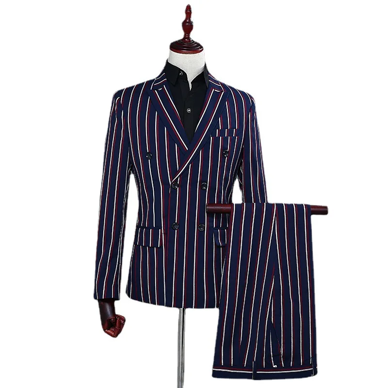 White red Double Striped Navy blue Suit Tuxedo Men's Wedding Party Dress Jacket and Pants Fashion Slim Men Blazer Coat Trousers