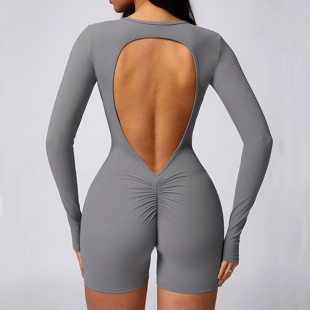 Sexy Back V Jumpsuit Gym Set Women Training Yoga Suit Long Sleeves Sportswear Sports Fitness Rompers Stretch Workout Bodysuits
