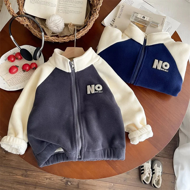 Winter Warm Coat Baby Plus Velvet Thick Jacket Boys High Neck Letter Outerwear Girls Zipper Casual Tops New Long Sleeve Clothes