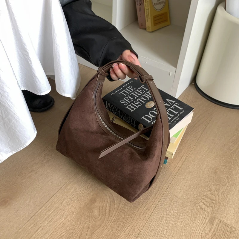 Women Faux Suede Shoulder Bag Adjustable Dumpling Handbag Satchel Top-Handle Bag for Work Travel