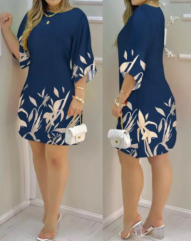 thumbnail image 1 of Vestido informal con estampado de plantas para mujer, estilo europeo y americano, cuello barco, para vacaciones, informal y recto., 1 of 4