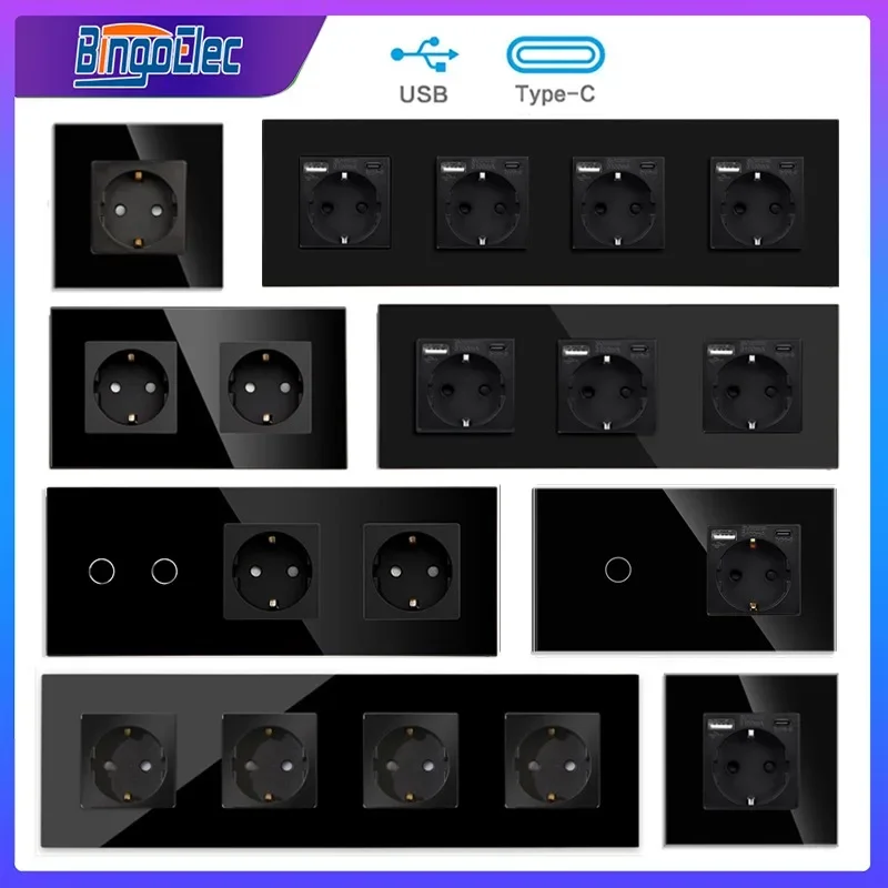 ปลั๊กผนังและสวิตช์ไฟแบบสัมผัสซ็อกเก็ต USB 20W ประเภท C FAST CHARGE กรอบกระจก Electrica ปลั๊ก 220V EU มาตรฐาน Bingoelec 1
