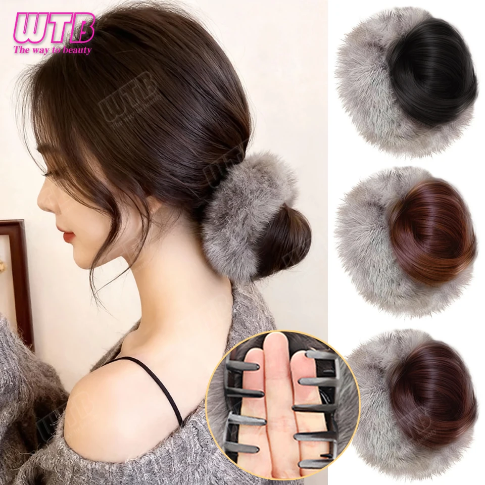 WTB 합성 가발 그립 스타일 그레이 플러시 헤어 액세서리 스타일 스트레이트 도넛 번 여성들이 매일 착용하기에 적합