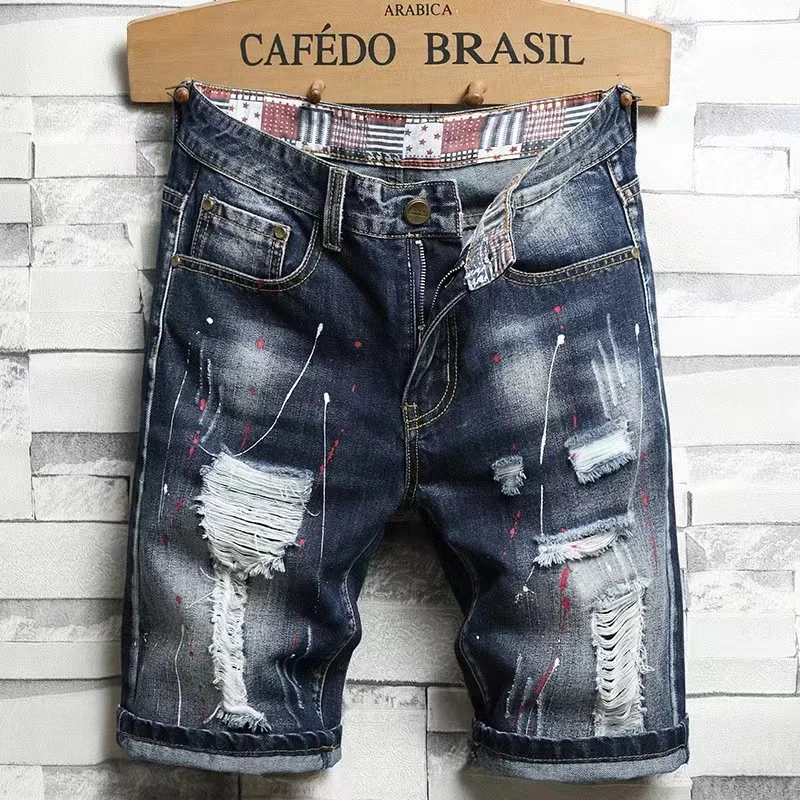 Perforated Metal Pendant Denim Shorts Men Scratched Patch Plaid Pants Cotton Red Ears Breathable Soft Elastic Fashion Summer2024