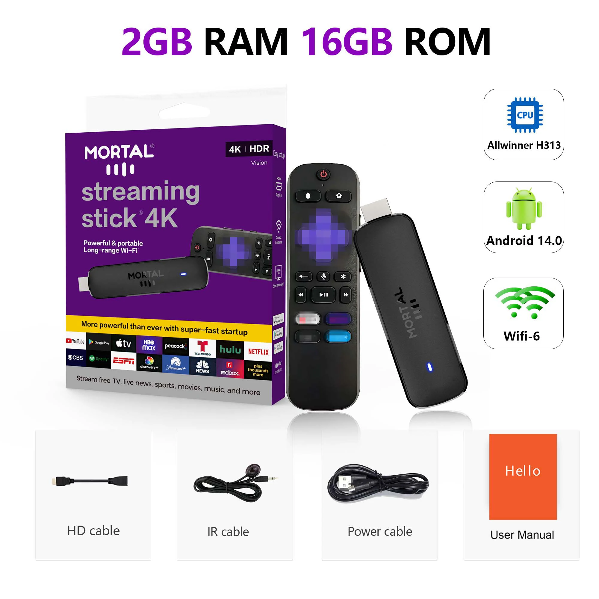 Smart TV Stick Android 14 Allwinner H313 Mortal Q8 Ultra Chromecast Comando à distância por voz WiFi 6 4K 60fps WiFi 6 Bluetooth 2G 8GB 16GB Streaming