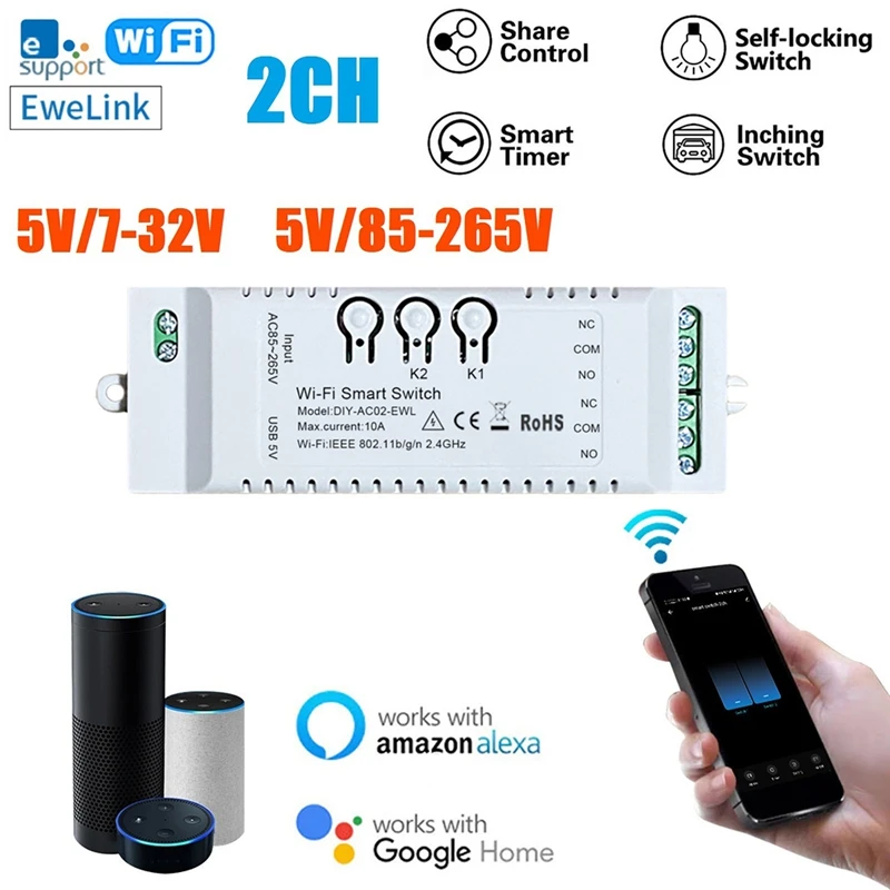 

Умный выключатель с таймером, 2 канала, Wi-Fi, 85-265 в, USB, 5 В, 2,4 ГГц