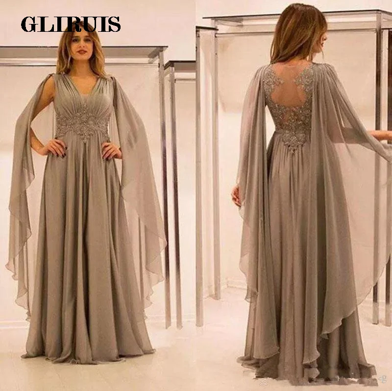 

Chiffon Illusion Back Mother Of The Bride Dresses With Lace Applique Beads Ruched V Neck Mother Groom Dress