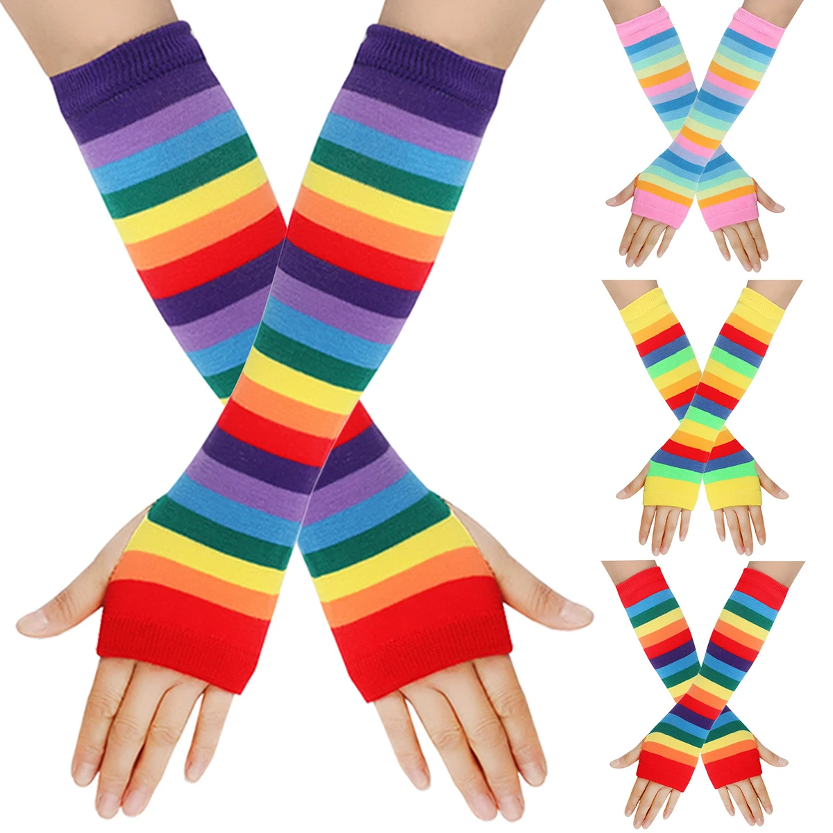 Long Half Palm Glove For Women Girl Colorful Stripes Knitted Fingerless Arm Sleeve Mitten Party Colorful Arm Warmer Gloves skull half finger long glove women knit mittens length sleeve fingerless gloves knitted wrist sleeves arm warmer for women