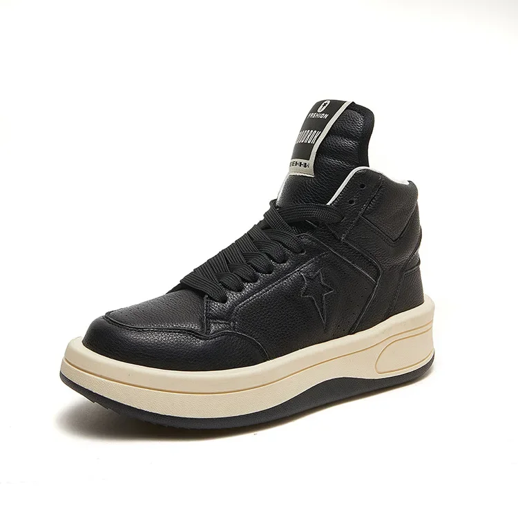 

New Large Size Casual Men's Board Shoes Head Layer Cowhide Strap Thick Soled Middle Help Women's Shoes Goth