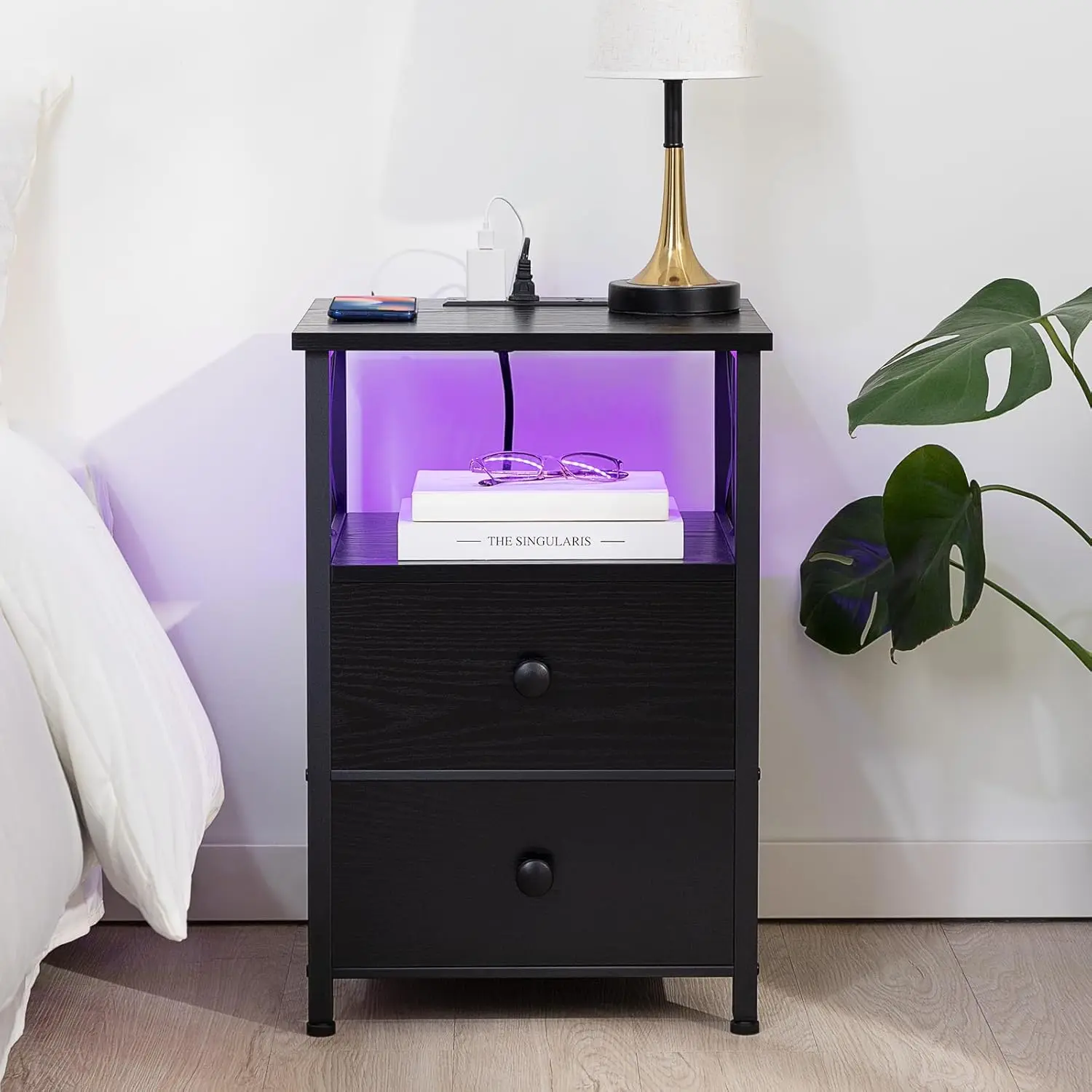 Night Stand Set 2, LED Nightstands for Bedroom Set of 2 with Charging Station, End Table with USB Port and Outlet, Si