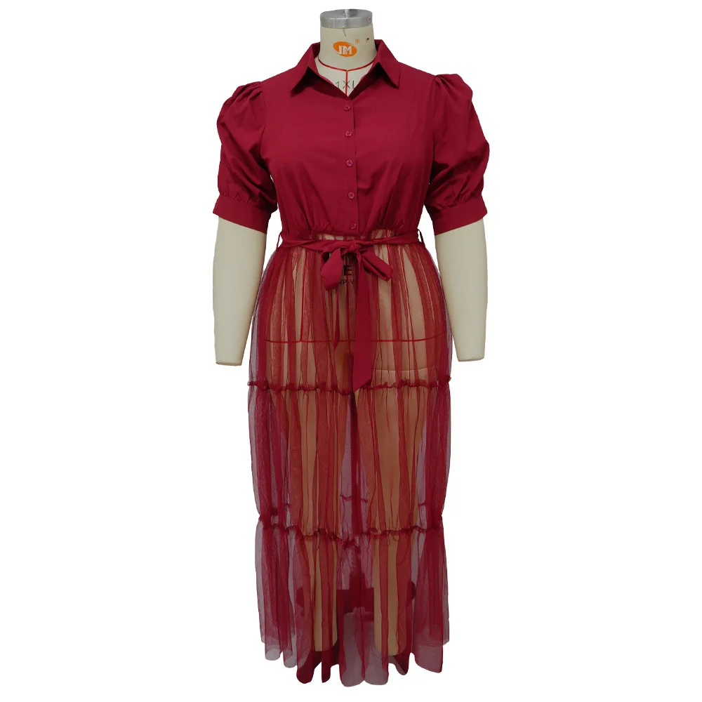 Plus Size Women Blouse Dress Puff Sleeve Mesh Party Dress Female Luxury 5xl Cloth Dinner Evening Robe 2023 Spring Designer Skirt