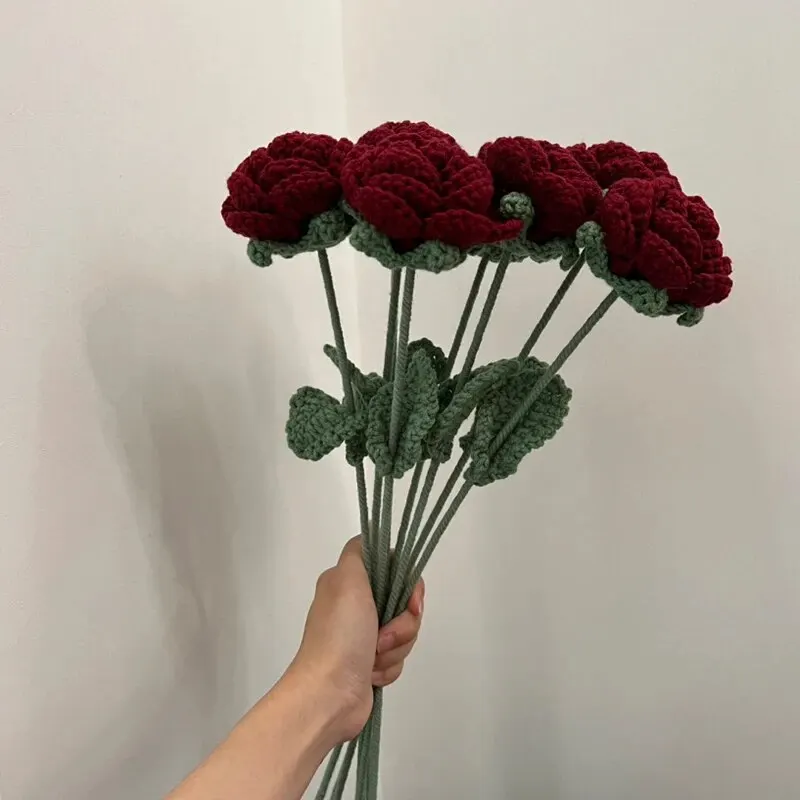 수제 뜨게 크로셰 꽃, 수제 장미 꽃, 웨딩 부케, 발렌타인 데이 파티 홈 데코, 가짜 꽃