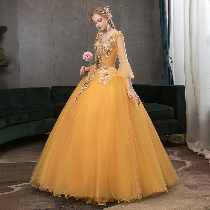 

Luxury Gold Lace Party Vestidos 15 Anos Sheer Long Sleeve Ball Gown Quinceanera Dresses Plus Size vestido de 15 quinceañeras