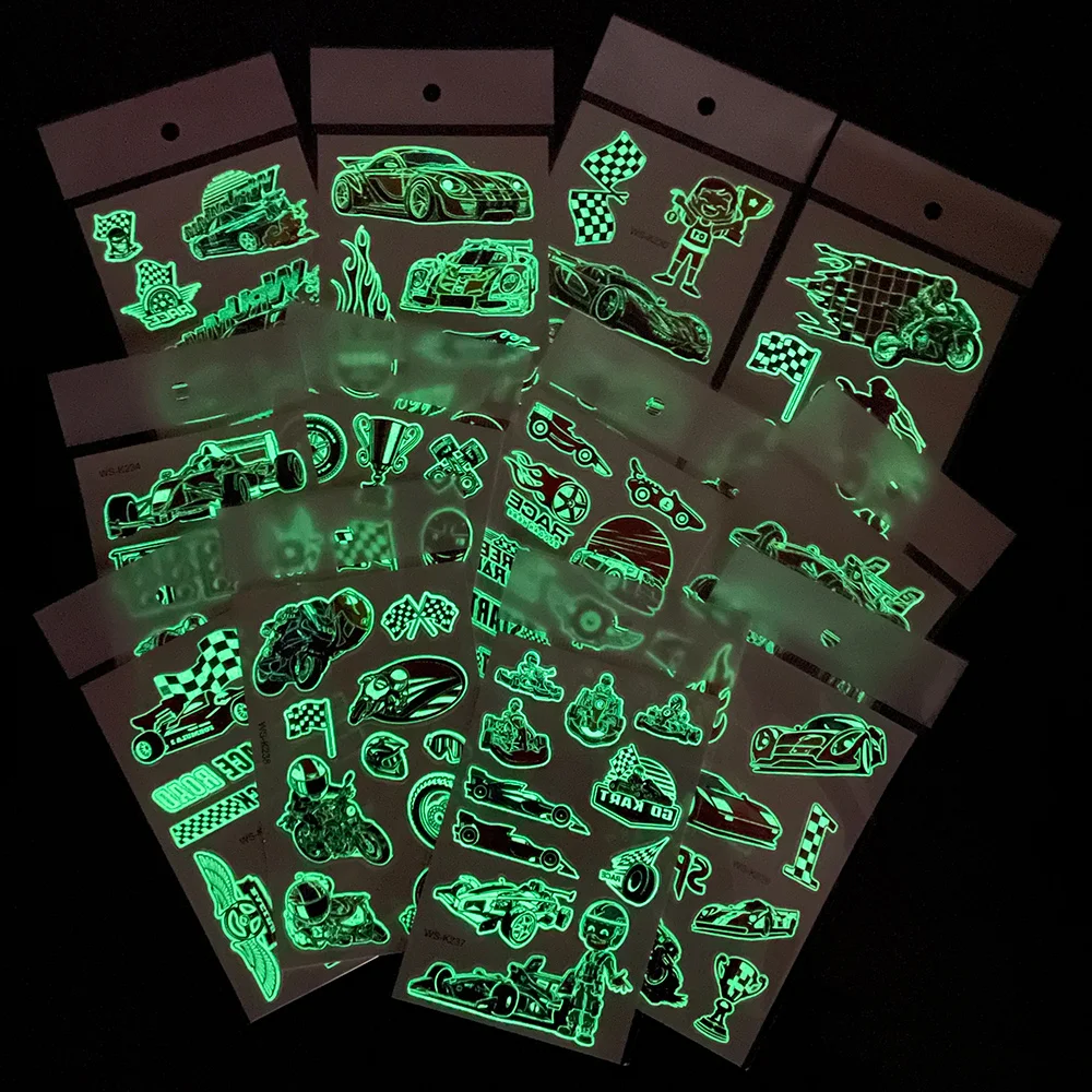 

12 Sheets/set Car Birthday Decorations Luminous Temporary Tattoos for Kids Glow in The Dark Party Supplies Racing Theme Party