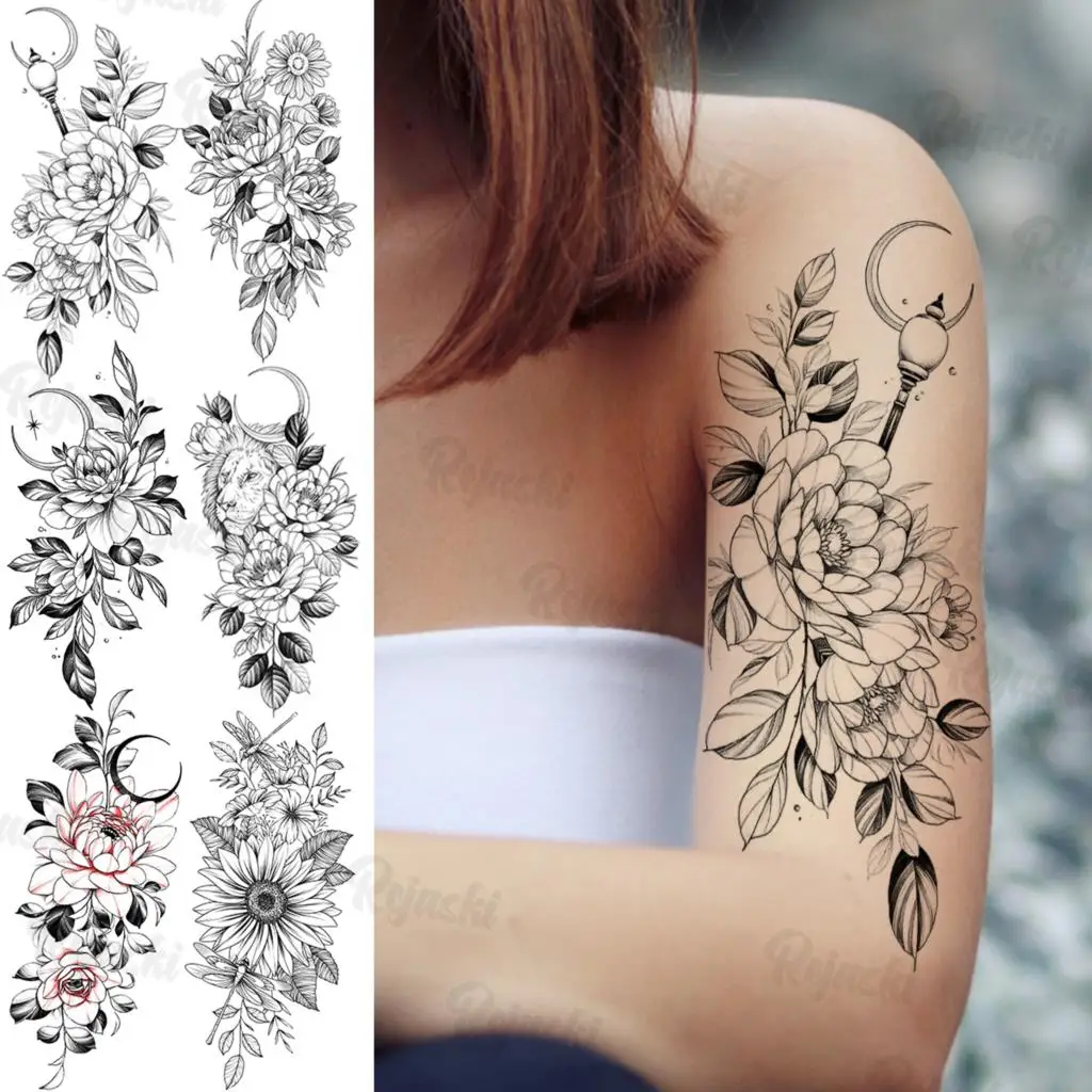 Large Flower Temporary Tattoos For Women Adults Realistic Lion Lotus Sun Flower Fake Tattoo Sticker Sexy Body Arm Tatoos Black