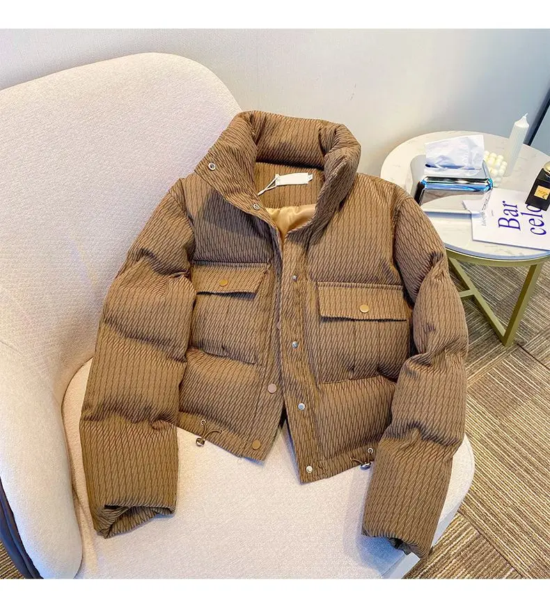Design Cropped Puffer Jacket Autumn Winter Cotton Coat Pockets Long Sleeve Single-breasted Parkas Women Clothes Trend Streetwear