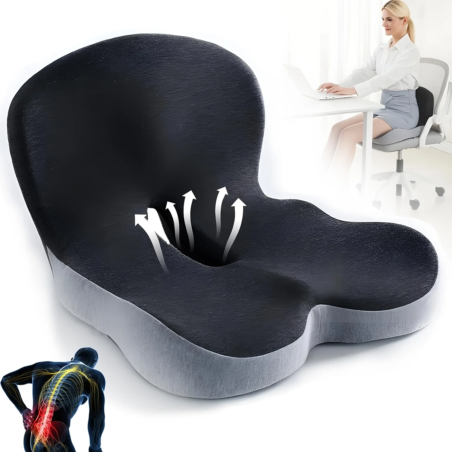 Ergonomic Seat Cushion Memory Foam One-piece Backrest Office Chair  Soft Supportive Washable Relief Breathable Car Butt Pad
