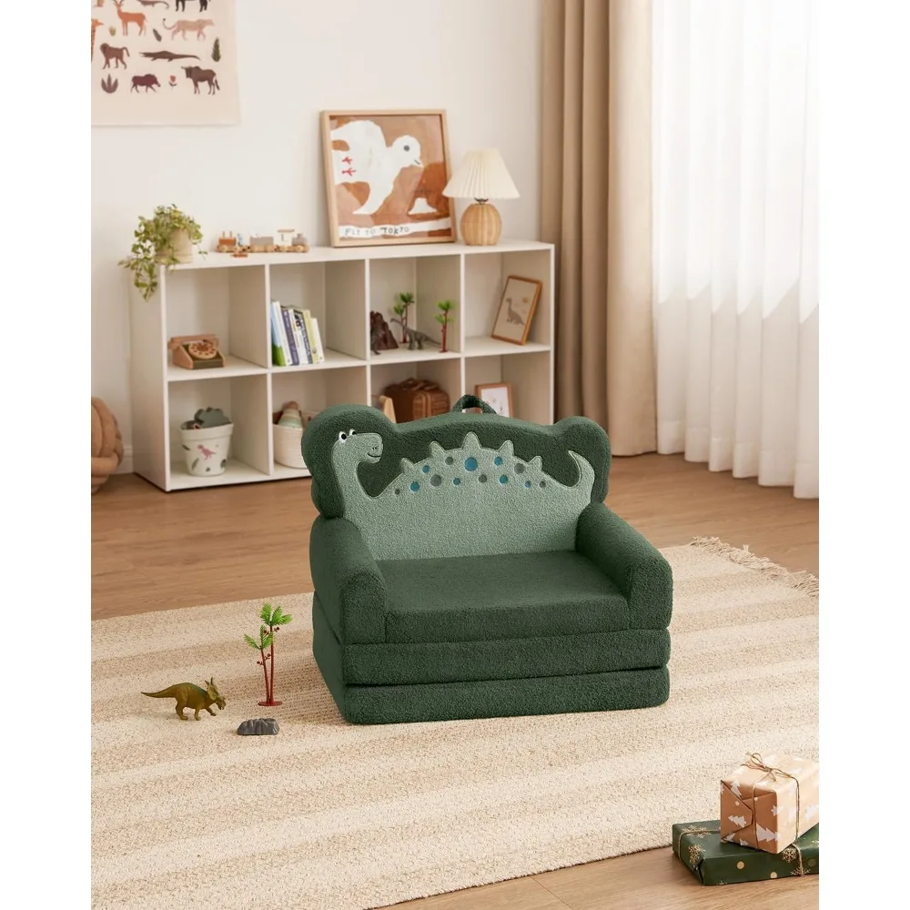 Kids Couch, 2-in-1 Soft Toddler Couch Fold Out, Toddler Chair Comfy, Convertible Sofa to Lounger with Cute Dinosaur Designs 4